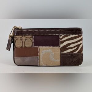 Coach Patchwork Signature Canvas Leather Brown Wristlet Clutch Pouch
